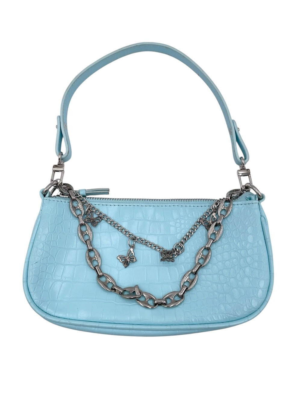 Vintage Y2K Mini Bag Purse Baby Blue Croc Embossed Faux Leather Butterfly Charm